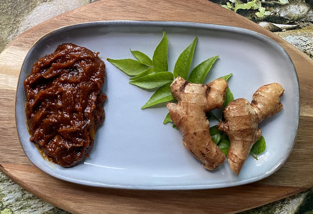 Edin Life ginger pickle plated with ginger and curry leaves